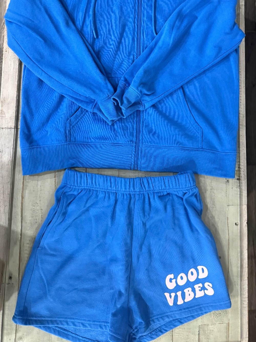 Vintage Havana, royal blue hoodie, and short set size small